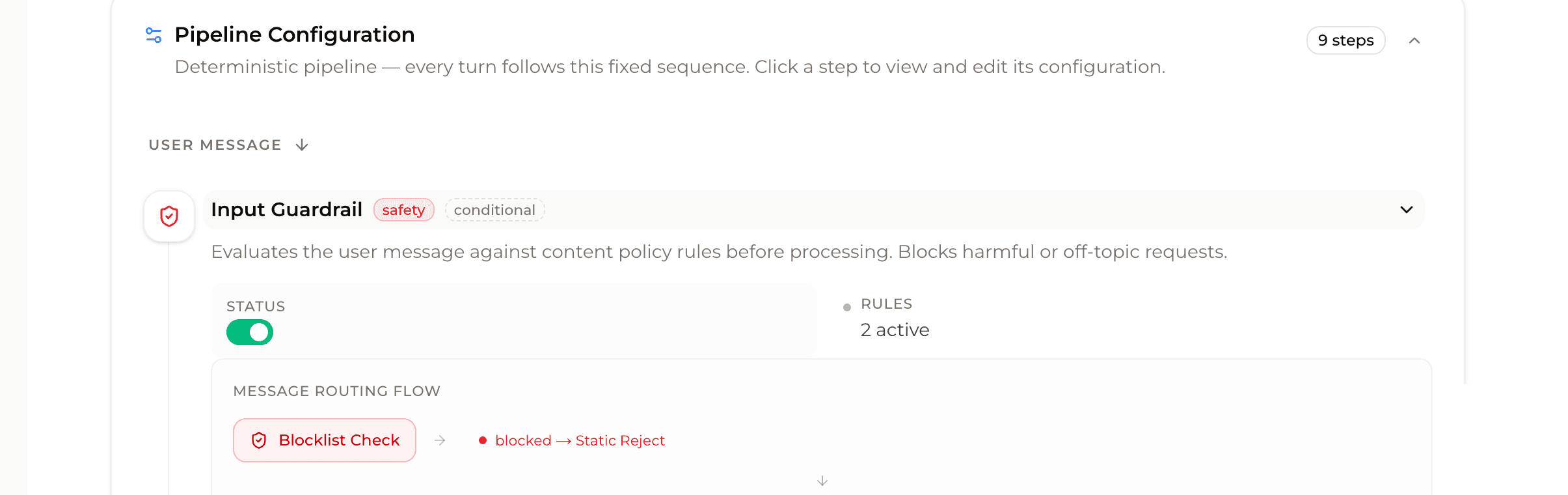 Input guardrail configuration in the Interakt admin: active rules, status toggle, and the message routing flow that blocks harmful requests