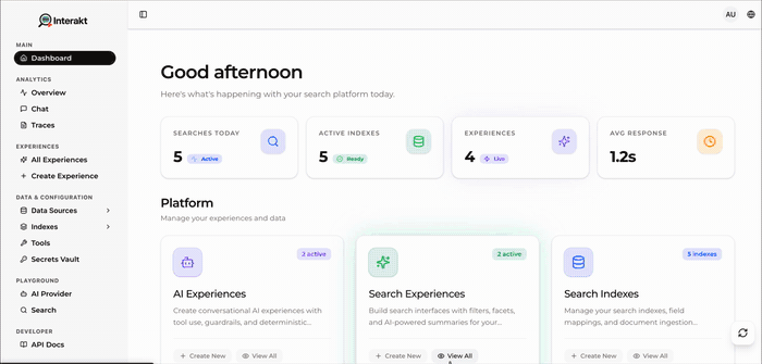 Demo of analytics dashboard showing search trends, execution traces, and real-time metrics